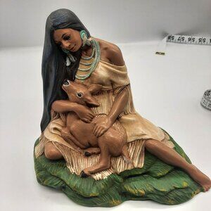 Vintage Native American Woman Holding Deer fawn 6.5" Ceramic mold Hand-Painted